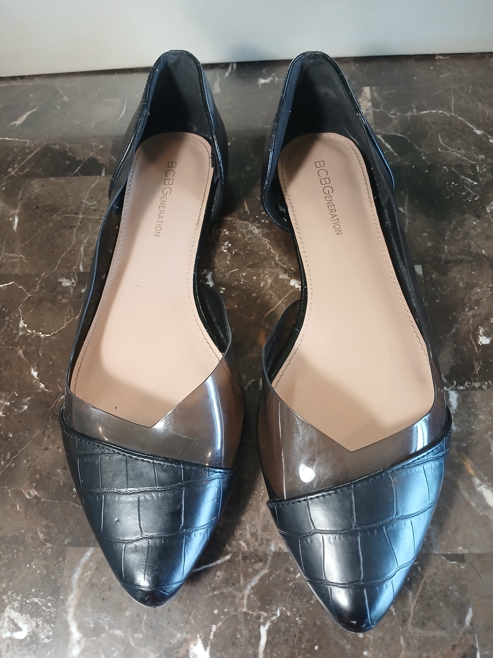 BCBGeneration Black Croc-Embossed Pointed D'Orsay Flats with Glossy Panel